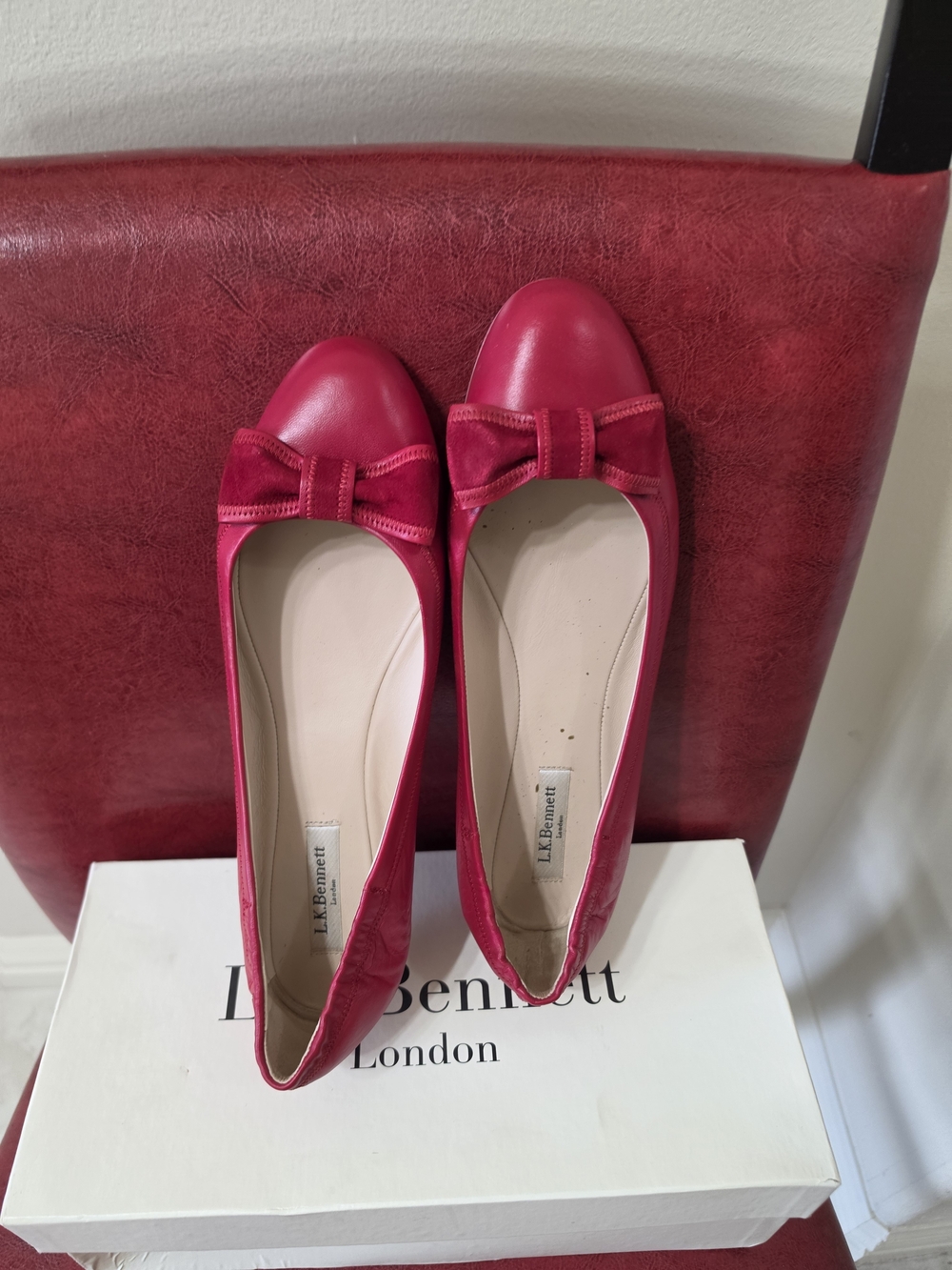 LK Bennett Hot Red Leather Bow Ballet Flats